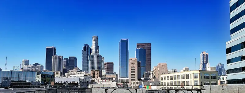The downtown Los Angeles skyline seen from the Toy District