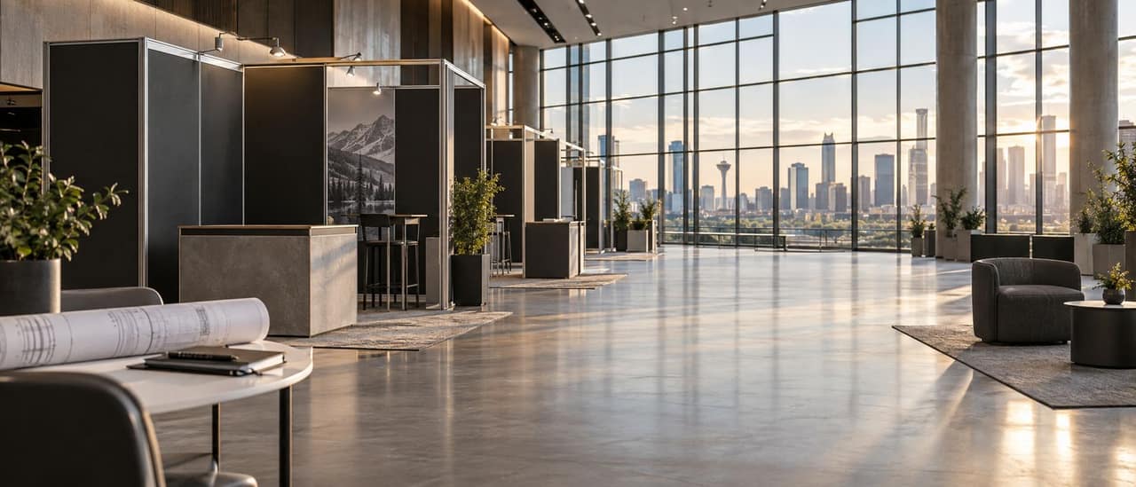 Polished floors in a finished commercial interior with a city view
