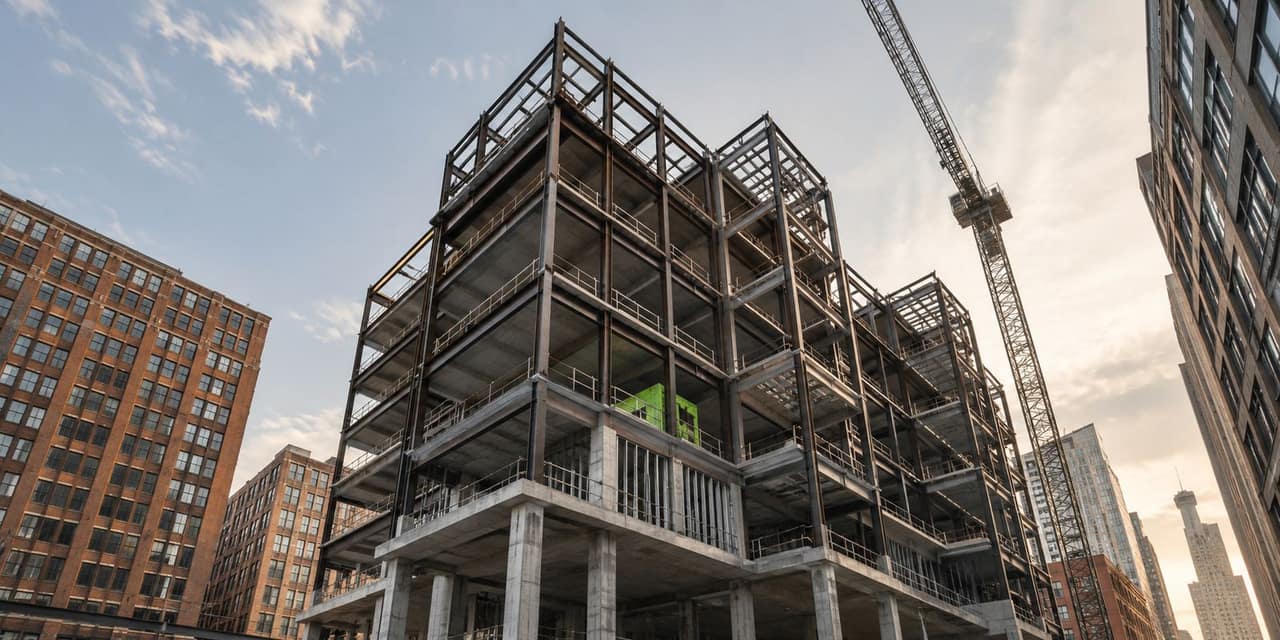 A concrete-frame high-rise under construction with a tower crane