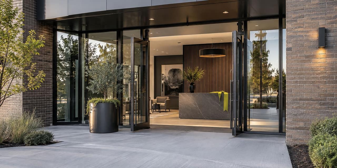 The glass entrance of a newly finished commercial building