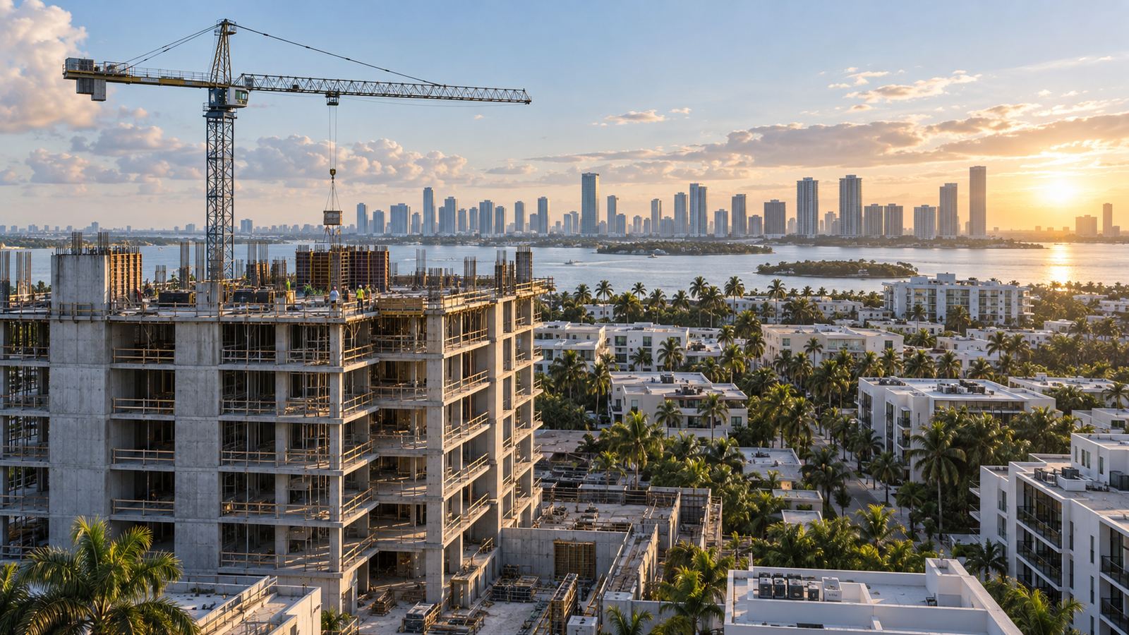 A tower crane over a building under construction with the Miami skyline behind
