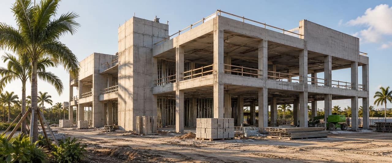 A concrete-frame building under construction among palm trees