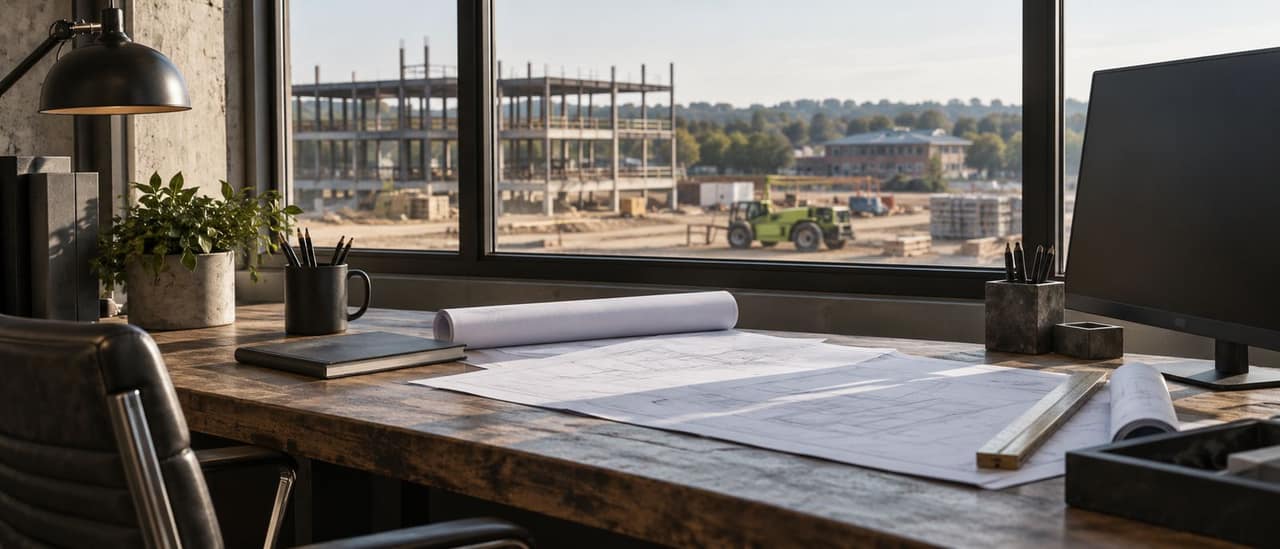 A desk with drawings overlooking a construction site