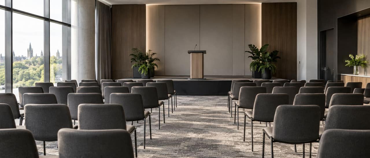 New carpet and seating in a finished conference room