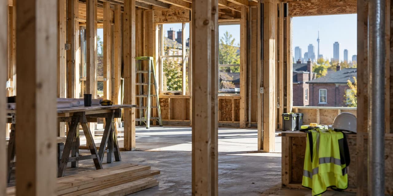 An open wood-framed interior during construction