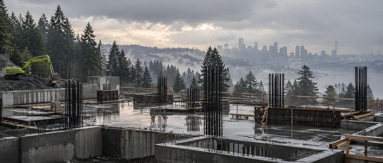 An excavation site with Seattle's skyline in the distance