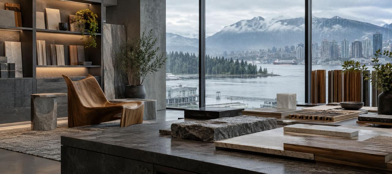 A finished interior looking out over Vancouver's harbor and mountains