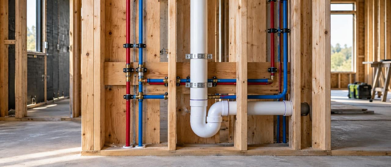 Rough-in plumbing pipes running through open wood framing