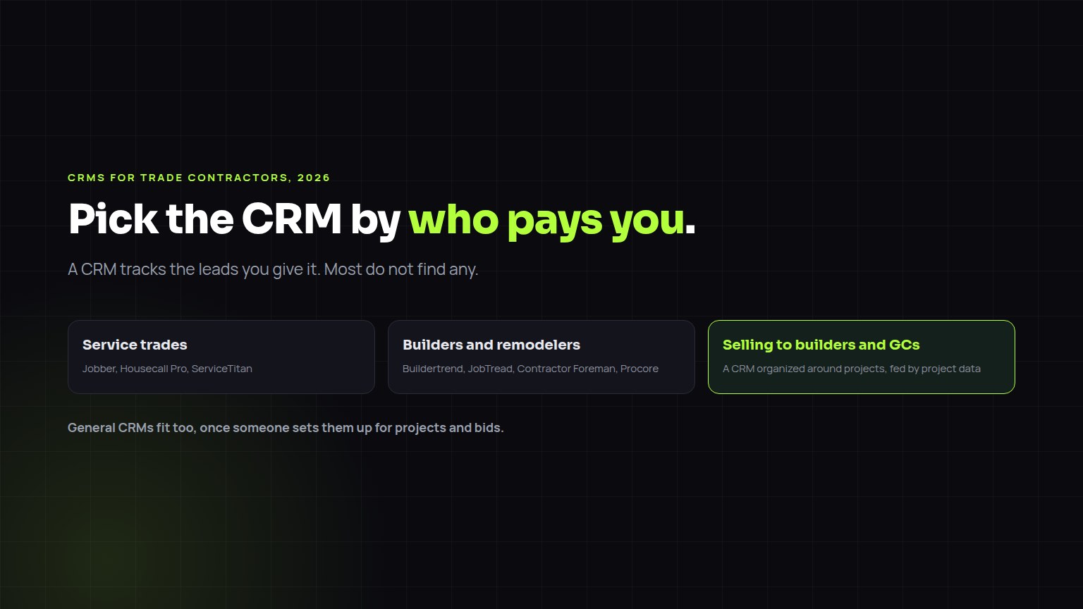 Diagram of three kinds of CRM for trade contractors: field service, construction management and general sales CRMs