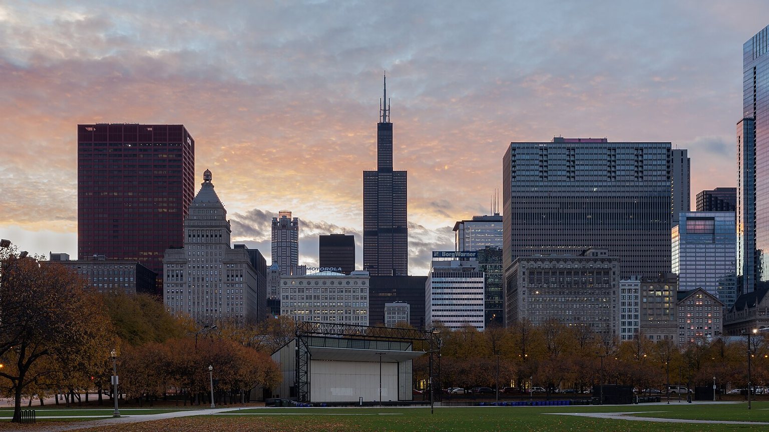 The Chicago skyline at dusk