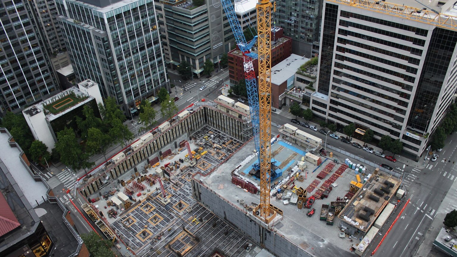 Aerial view of a hotel project under construction in Seattle