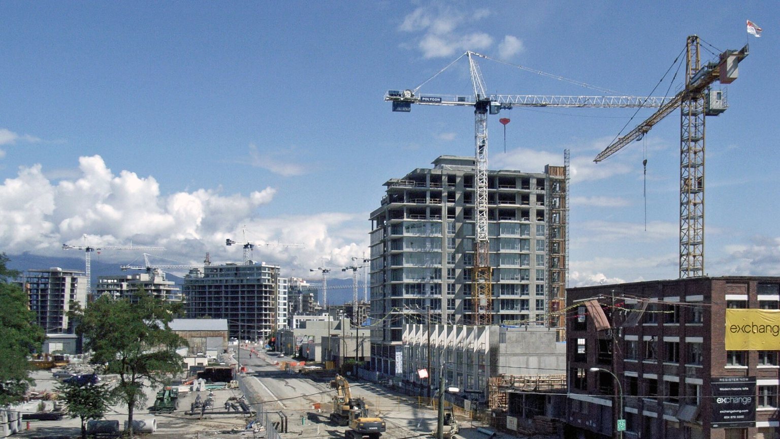 Construction cranes over the Vancouver skyline