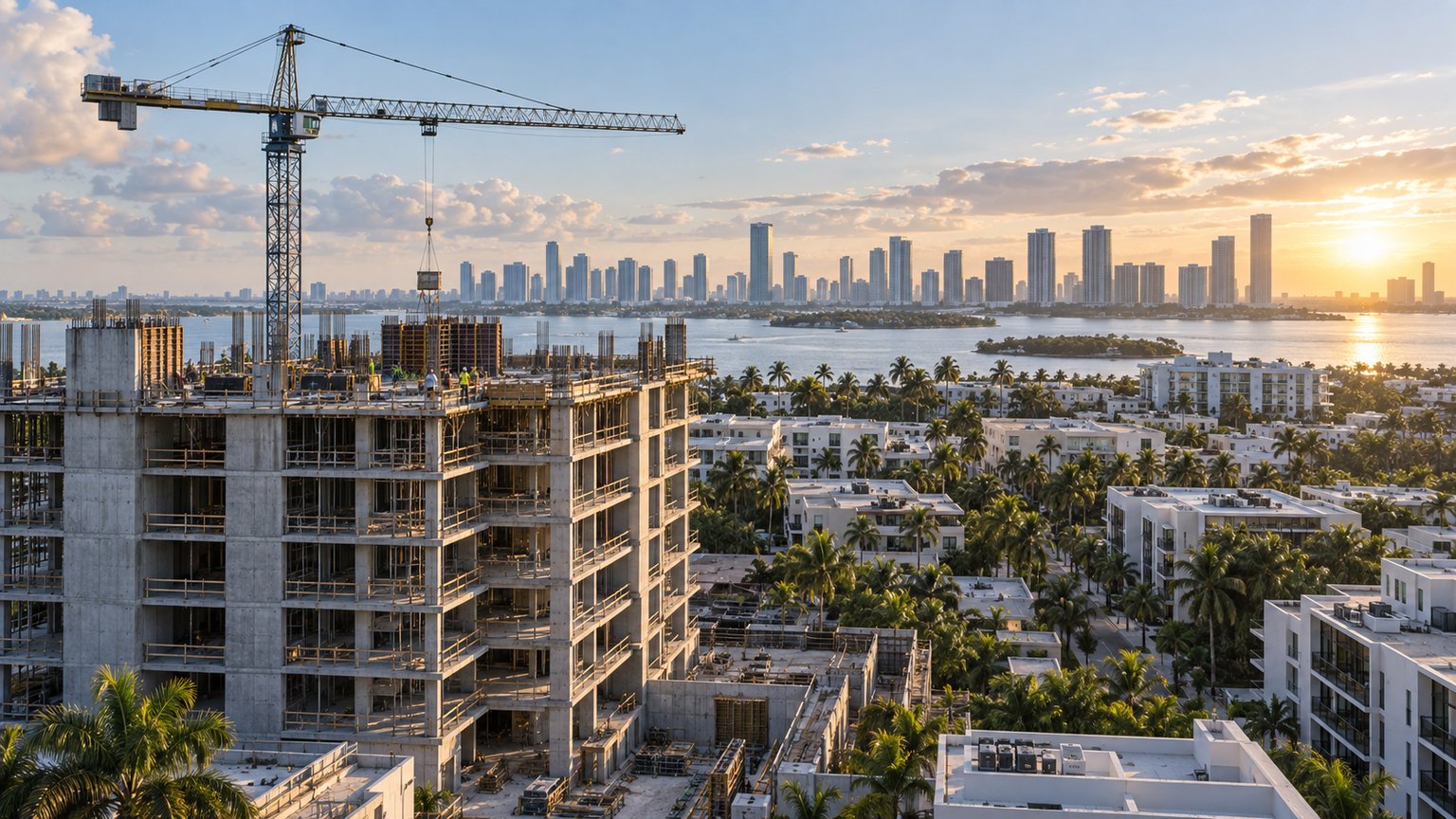 Aerial view of Miami-Dade construction, tower crane over a mid-rise frame with the skyline behind it