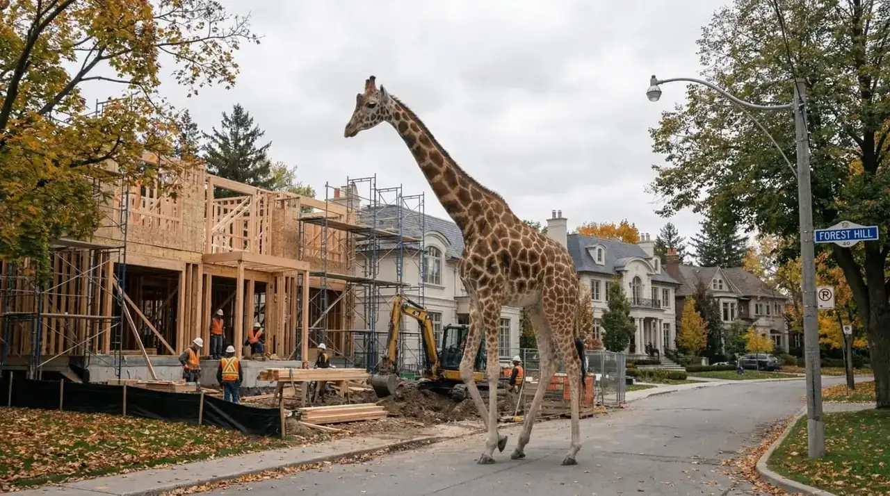 A giraffe walking past a house under construction in Forest Hill, Toronto